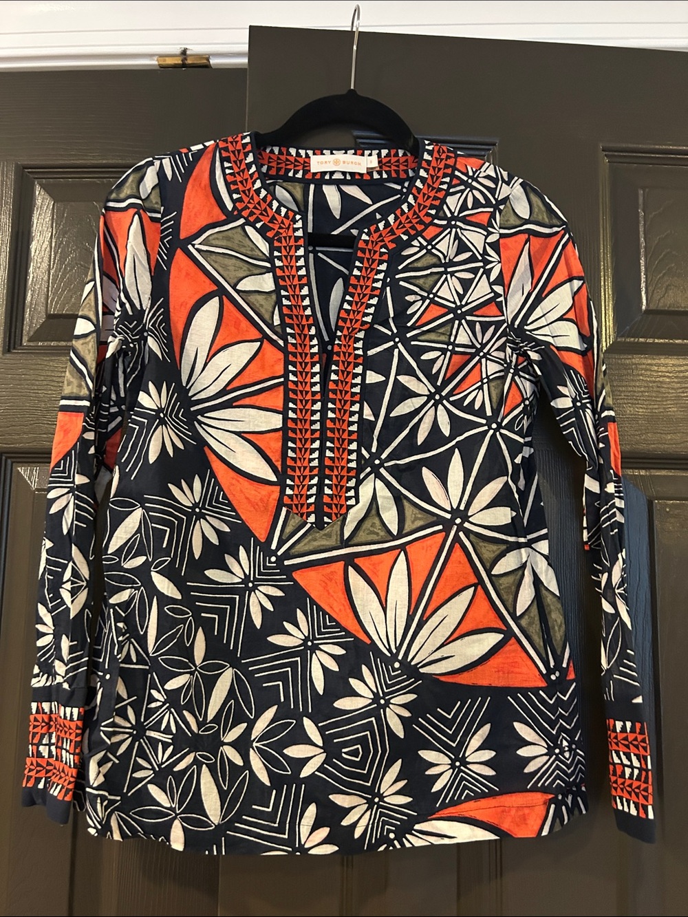 Tory Burch Navy, Orange & Cream Geometric Floral Tunic